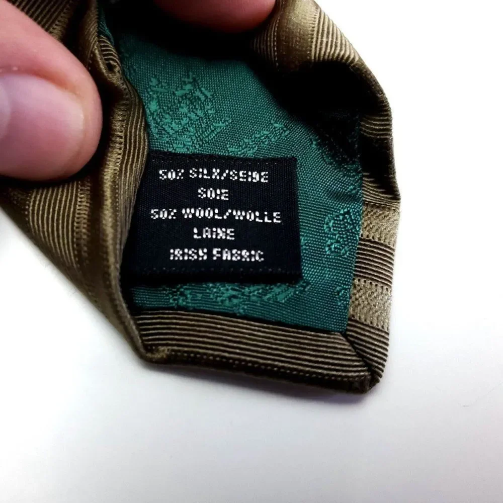 XMI Atkinsons Woven‎ Striped Green Beige Short Wide Silk Wool Tie